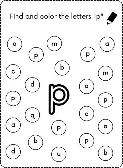 A big bubble letter p in the center surrounded by small circles each holding a lowercase letter.