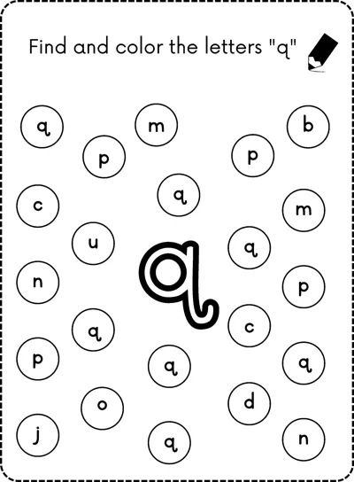 A big bubble letter q in the center surrounded by small circles each holding a lowercase letter.