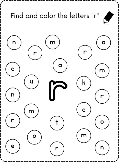 A big bubble letter r in the center surrounded by small circles each holding a lowercase letter.
