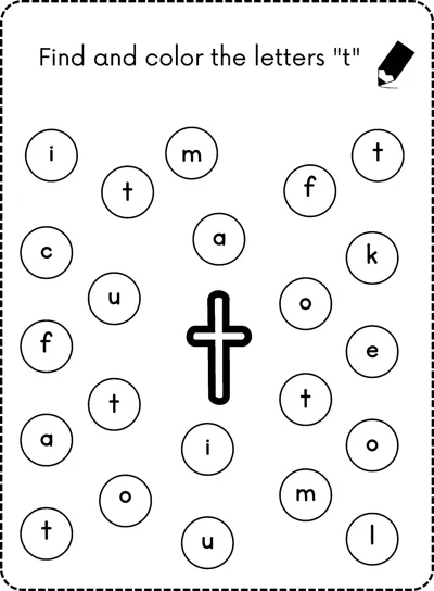A big bubble letter t in the center surrounded by small circles each holding a lowercase letter.