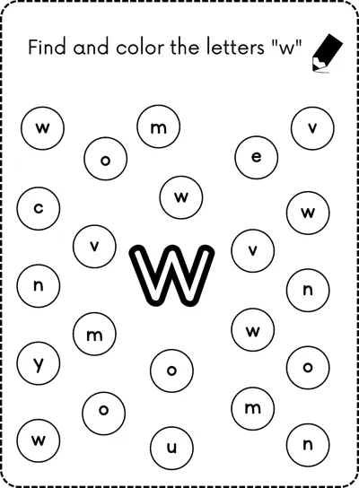 A big bubble letter w in the center surrounded by small circles each holding a lowercase letter.