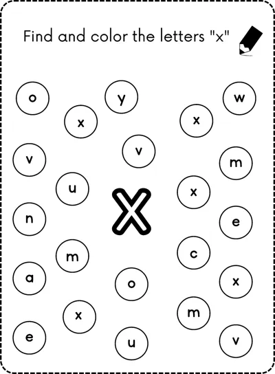 A big bubble letter x in the center surrounded by small circles each holding a lowercase letter.
