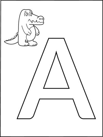 A huge outlined capital letter A fills the page with a small alligator standing in the top corner.