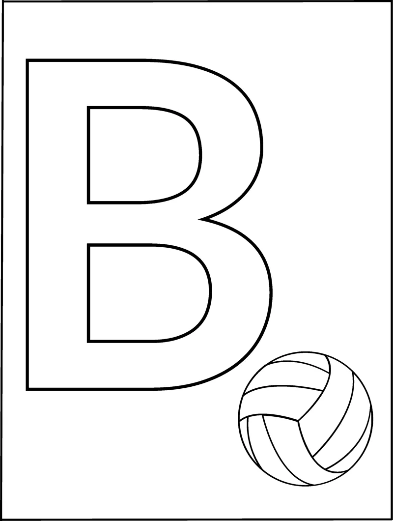 A huge outlined capital letter B fills the page with a small ball in the bottom corner.