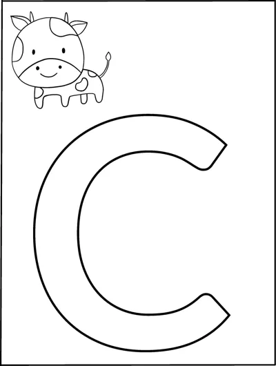 A huge outlined capital letter C fills the page with a small cartoon cow in the top corner.