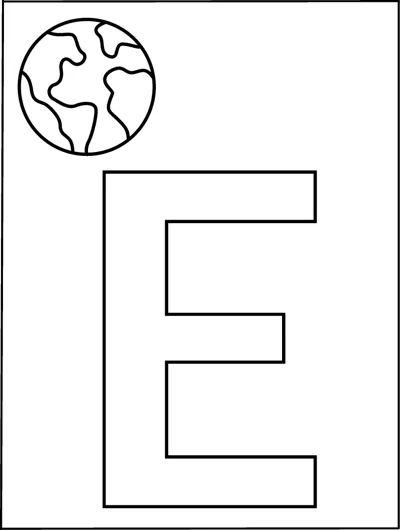 A huge outlined capital letter E fills the page with a small globe of the Earth in the top corner.