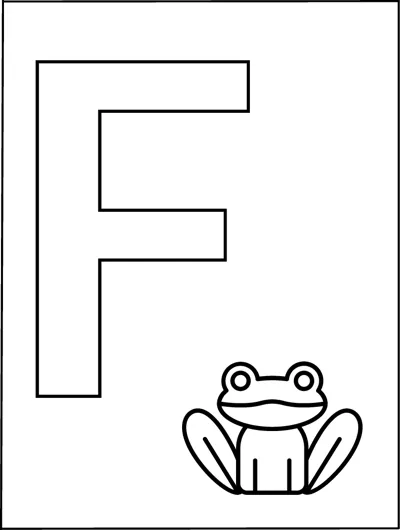 A huge outlined capital letter F fills the page with a small frog sitting in the bottom corner.