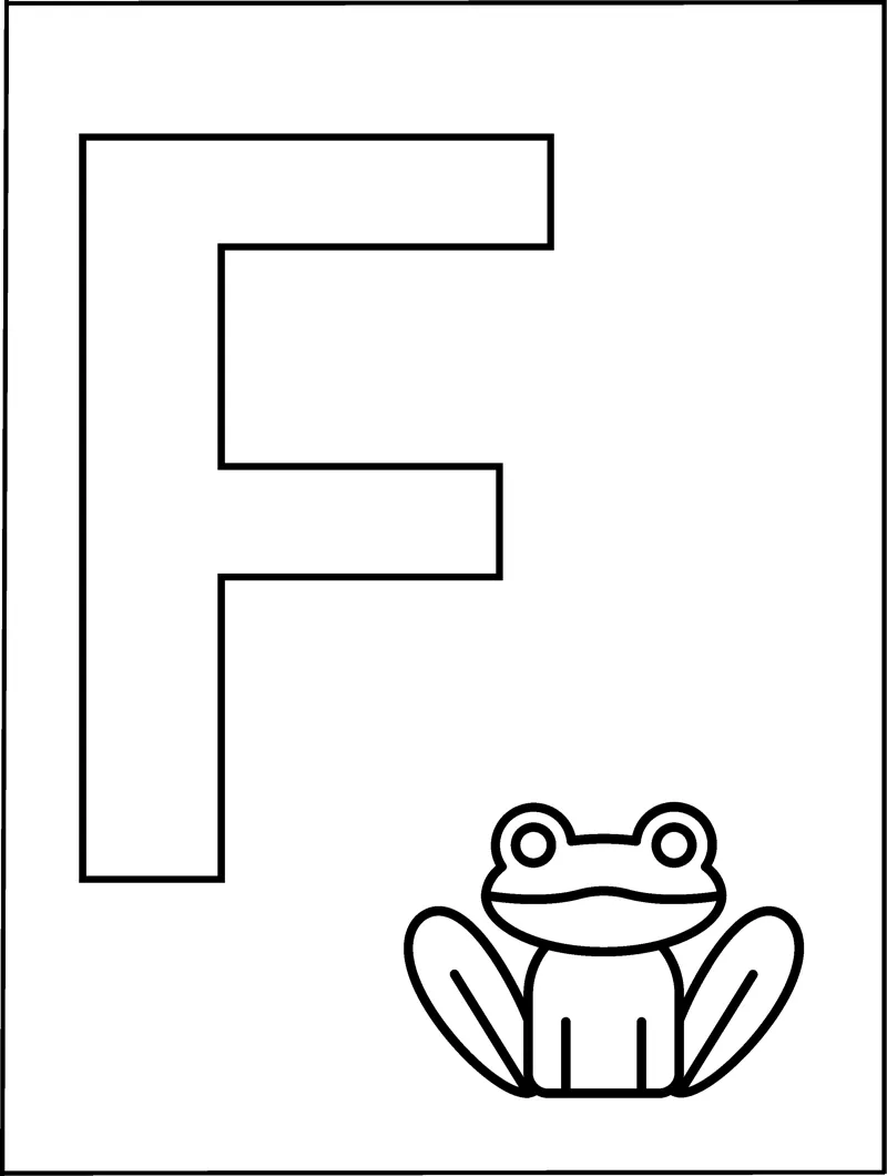 A huge outlined capital letter F fills the page with a small frog sitting in the bottom corner.