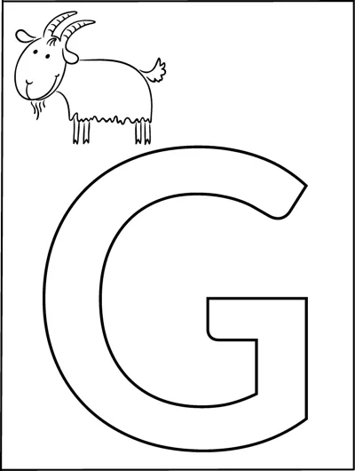 A huge outlined capital letter G fills the page with a small goat standing in the top corner.