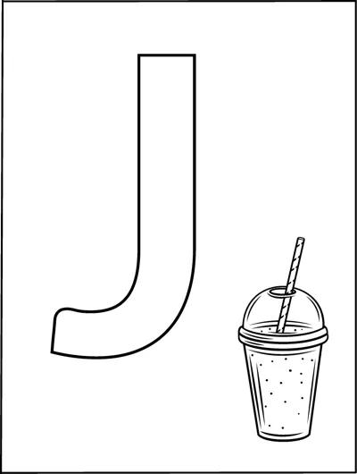 A huge outlined capital letter J fills the page with a small cup of juice and straw in the corner.