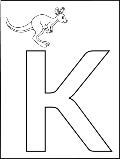 A huge outlined capital letter K fills the page with a small hopping kangaroo in the top corner.