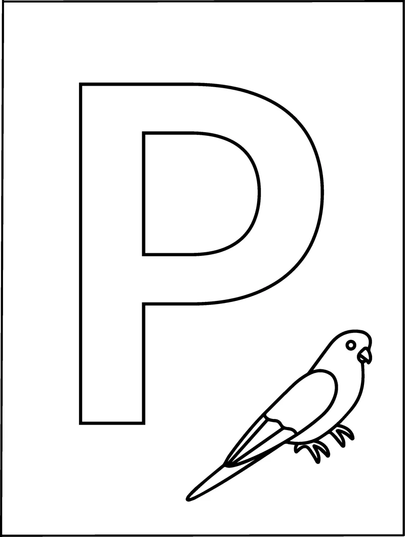 A huge outlined capital letter P fills the page with a small parrot perched in the bottom corner.