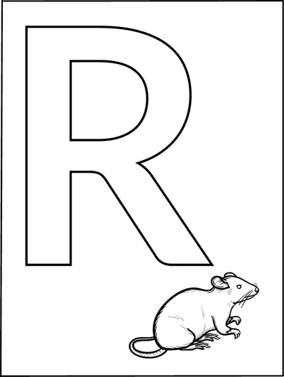 A huge outlined capital letter R fills the page with a small rat in the bottom corner.