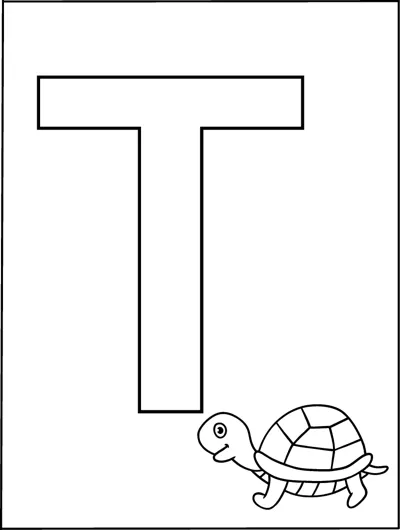 A huge outlined capital letter T fills the page with a small turtle in the bottom corner.