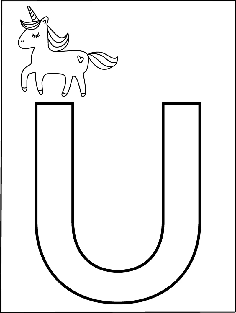 A huge outlined capital letter U fills the page with a small unicorn in the top corner.