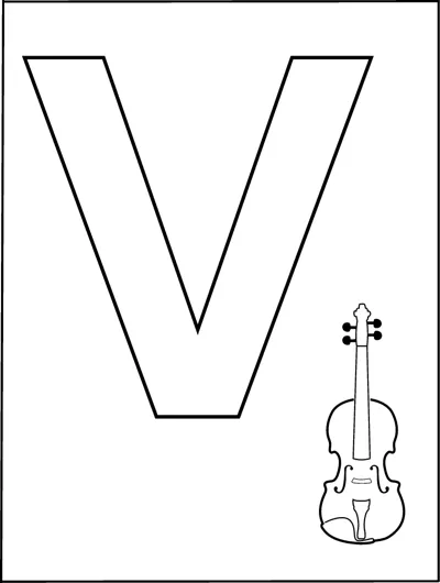 A huge outlined capital letter V fills the page with a small violin in the bottom corner.