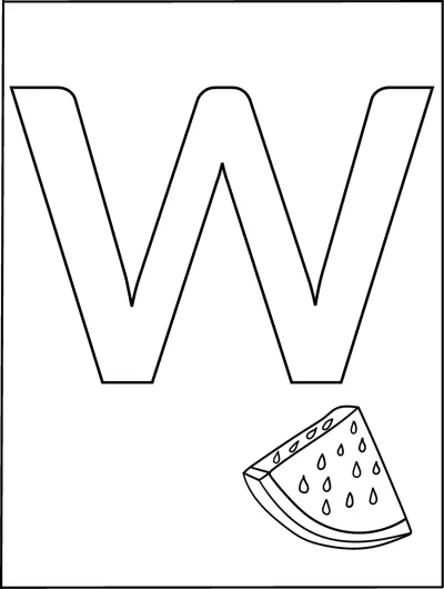 A huge outlined capital letter W fills the page with a small watermelon slice in the bottom corner.