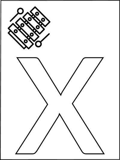A huge outlined capital letter X fills the page with a small xylophone and mallets in the top corner.