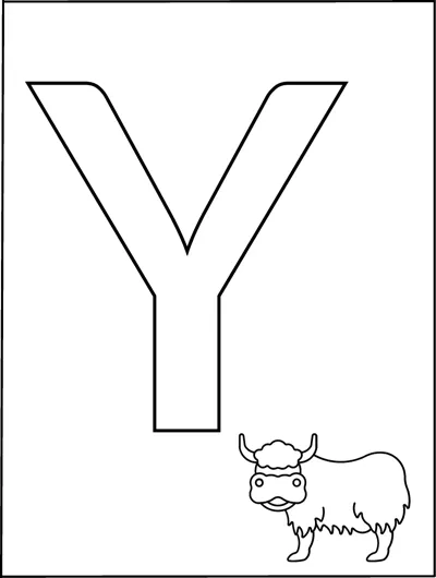 A huge outlined capital letter Y fills the page with a small shaggy yak in the bottom corner.