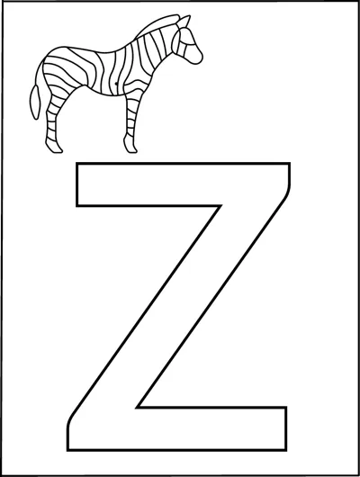 A huge outlined capital letter Z fills the page with a small striped zebra in the top corner.