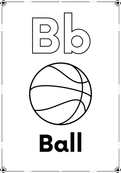 Outlined letters Bb above a basketball with curved seams and the word Ball, inside a decorative frame.
