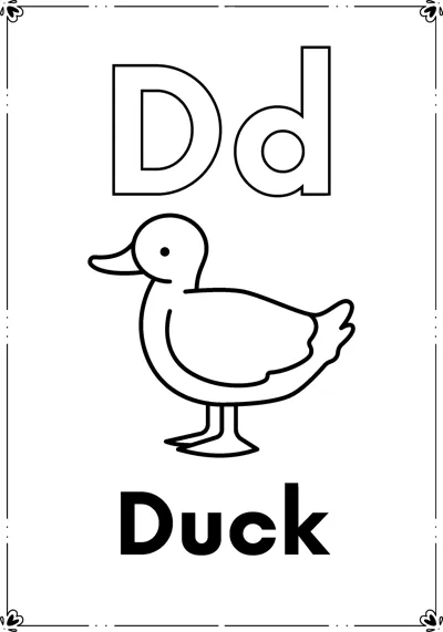 Outlined letters Dd above a standing duck and the word Duck, inside a decorative frame.