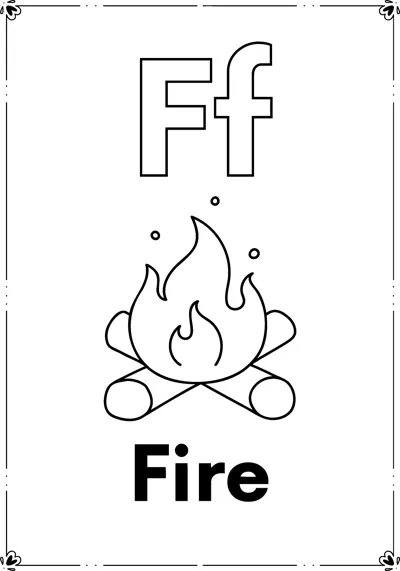 Outlined letters Ff above a campfire with flames and logs and the word Fire, inside a decorative frame.