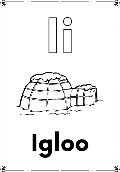 Outlined letters Ii above a snow-brick igloo with a tunnel entrance and the word Igloo, inside a frame.