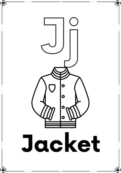 Outlined letters Jj above a buttoned sports jacket and the word Jacket, inside a decorative frame.