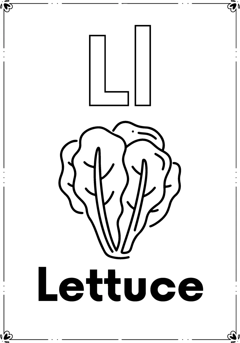 Outlined letters Ll above a head of leafy lettuce and the word Lettuce, inside a decorative frame.