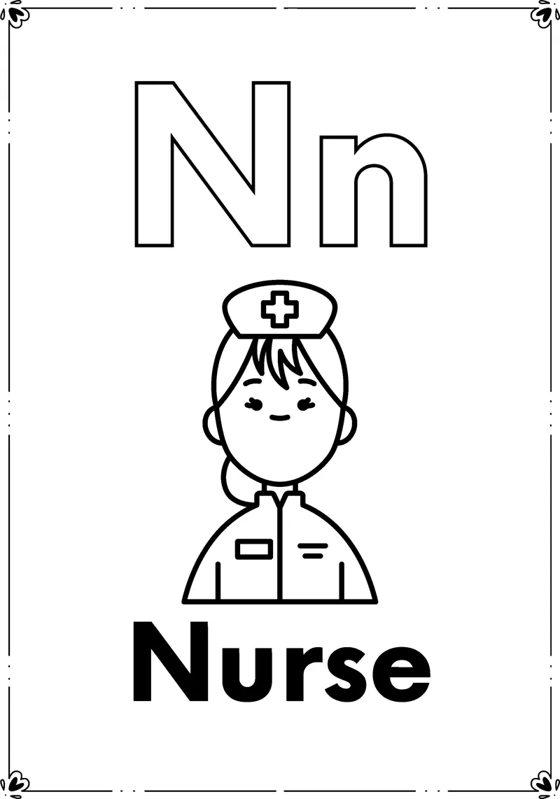 Outlined letters Nn above a smiling nurse in a cap and uniform and the word Nurse, inside a frame.