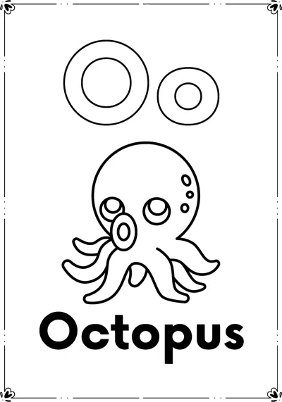 Outlined letters Oo above a cartoon octopus with big eyes and the word Octopus, inside a decorative frame.