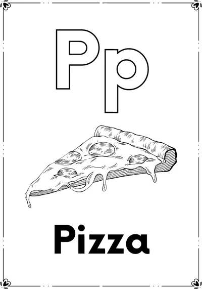 Outlined letters Pp above a slice of pizza with toppings and the word Pizza, inside a decorative frame.