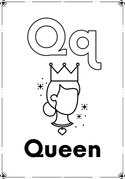 Outlined letters Qq above a queen's head wearing a crown with sparkles and the word Queen, inside a frame.