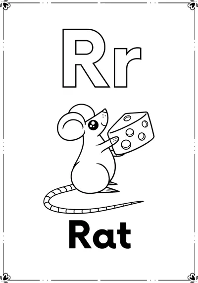 Outlined letters Rr above a rat holding a piece of cheese and the word Rat, inside a decorative frame.