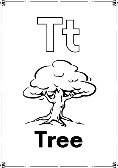 Outlined letters Tt above a bushy tree with a thick trunk and the word Tree, inside a decorative frame.