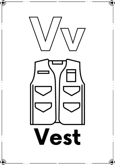 Outlined letters Vv above a vest with pockets and the word Vest, inside a decorative frame.