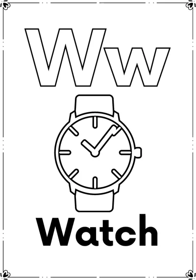 Outlined letters Ww above a wristwatch with a round face and the word Watch, inside a decorative frame.