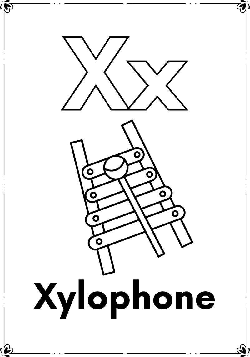 Outlined letters Xx above a xylophone with bars and mallets and the word Xylophone, inside a frame.