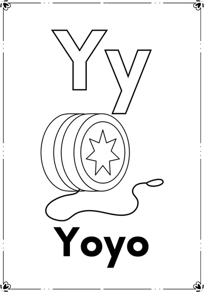 Outlined letters Yy above a yo-yo with a star and trailing string and the word Yoyo, inside a frame.