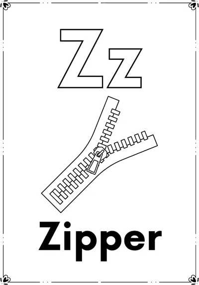 Outlined letters Zz above a half-open zipper with a pull tab and the word Zipper, inside a decorative frame.