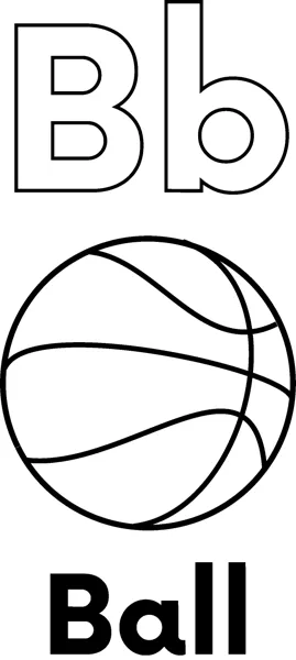 A large outlined letter B above a round basketball with curved seam lines, labeled Ball.