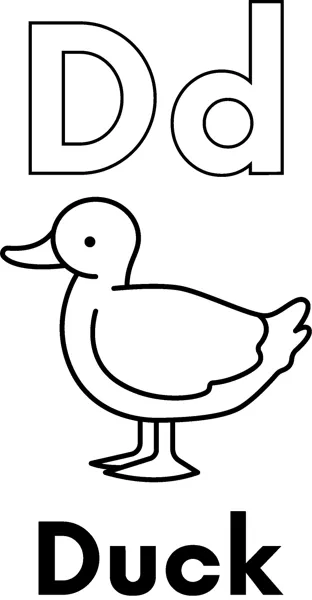 A large outlined letter D above a small duck standing on one foot, labeled Duck.