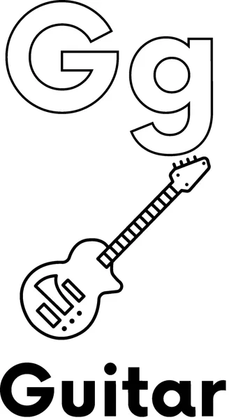 A large outlined letter G above an electric guitar drawn at an angle, labeled Guitar.