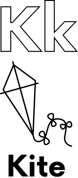 A large outlined letter K above a diamond kite with a tail of ribbon bows, labeled Kite.