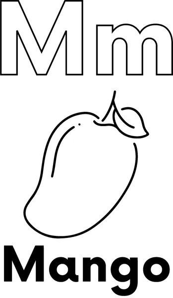 A large outlined letter M above a curved mango with a small leaf at the stem, labeled Mango.