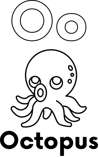 A large outlined letter O above a cartoon octopus with big eyes and curling tentacles, labeled Octopus.