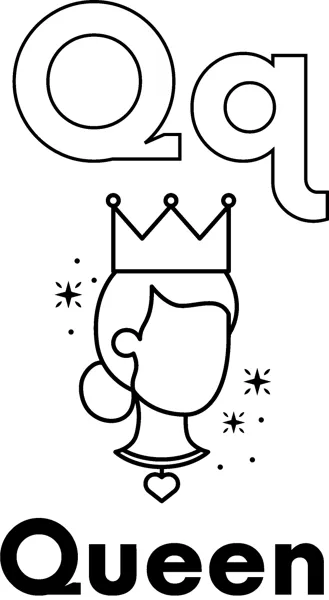 A large outlined letter Q above a queen in profile wearing a crown, surrounded by sparkles, labeled Queen.