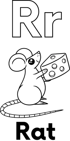 A large outlined letter R above a cartoon rat holding a wedge of holey cheese, labeled Rat.