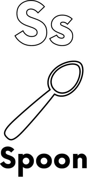 A large outlined letter S above one plain spoon drawn diagonally, labeled Spoon.